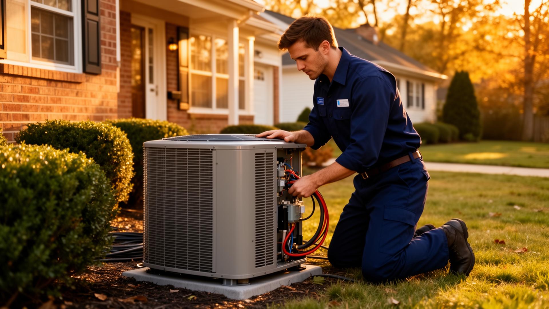 HVAC technician servicing an outdoor AC unit at a Maryland home