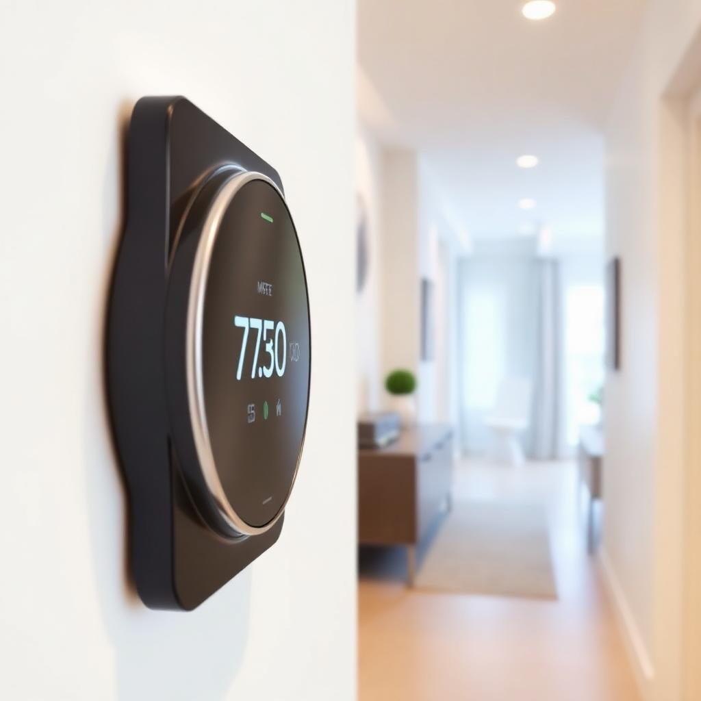 Smart thermostat installed in residential hallway